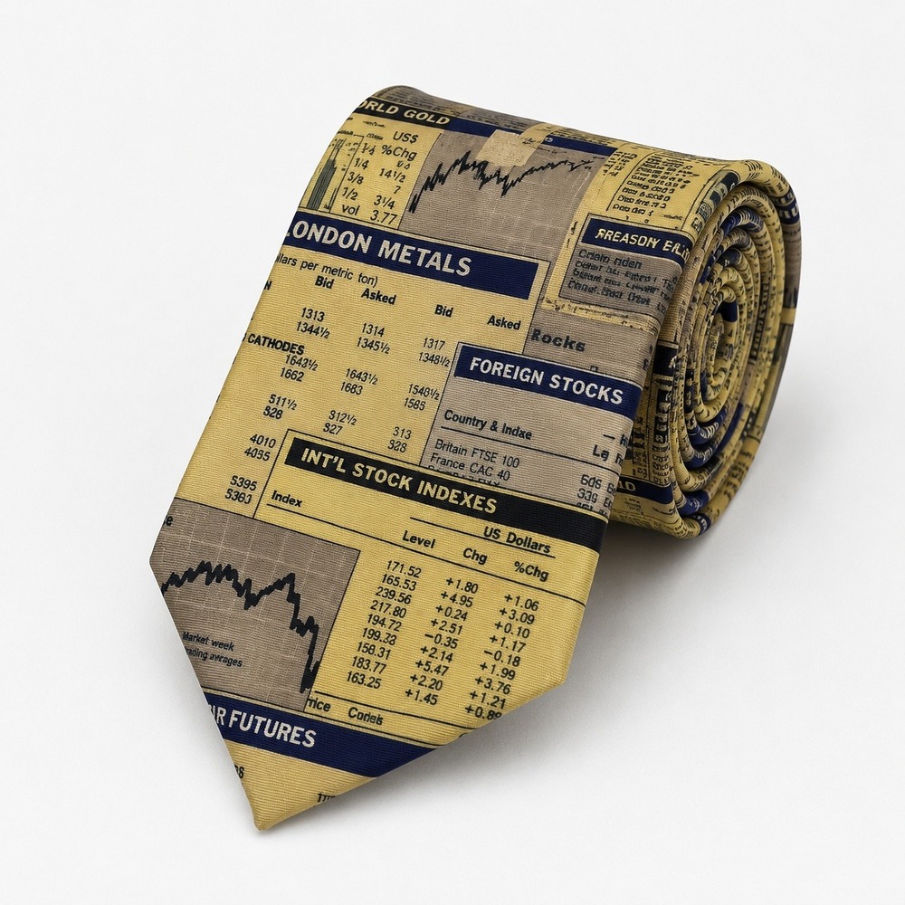 Alynn Neckwear Mens Silk Tie Stock Market Financial News Print Tan Navy USA Made